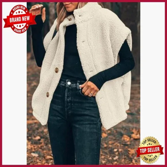 Oversized Fleece Sherpa Vest with Pockets, Button Down, Thigh Length - Picture 3 of 7